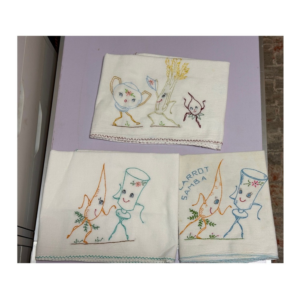 Vintage Embroidered Vegetable Tea Towels Lot of 3